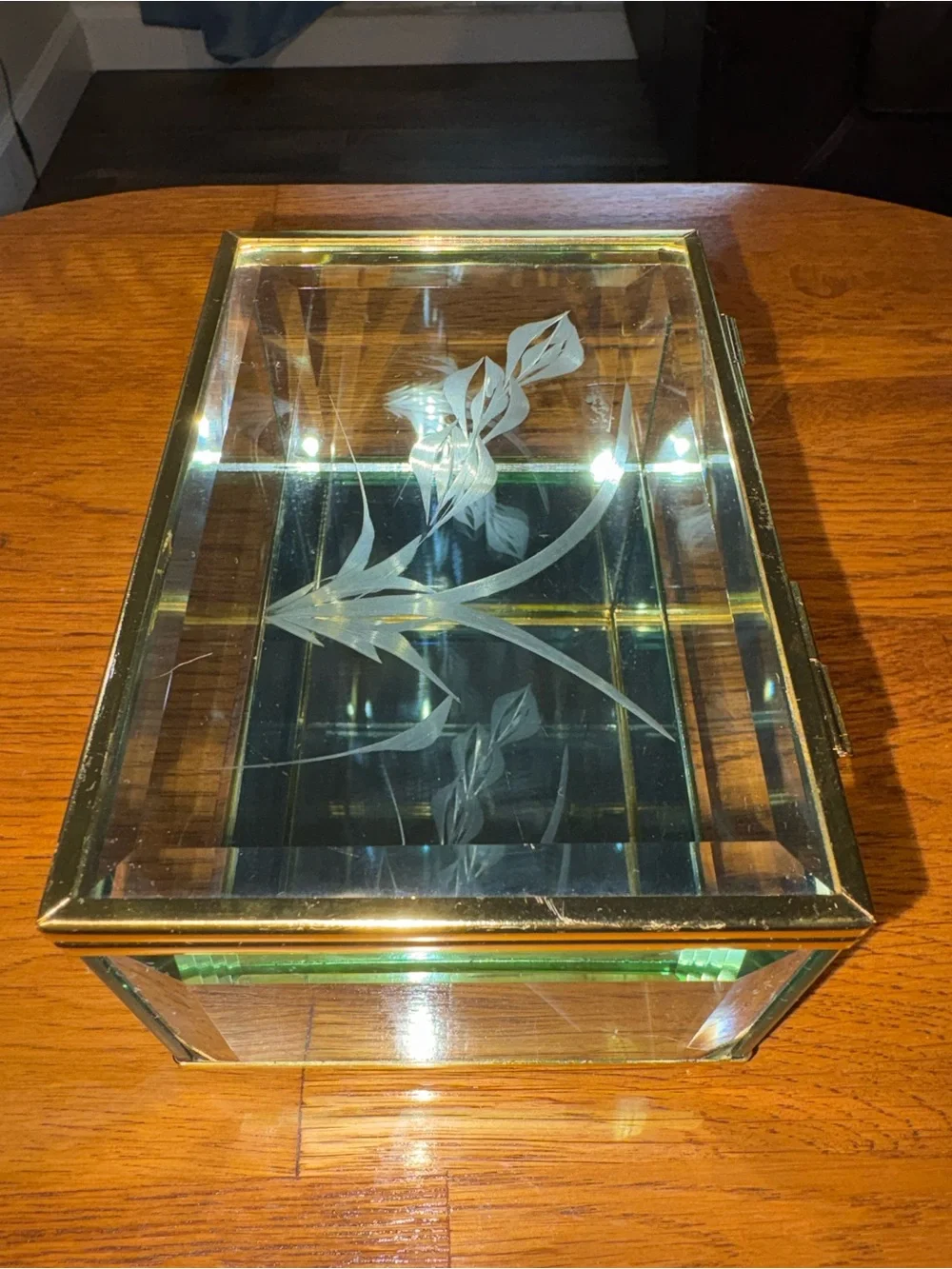 Vintage Etched Glass Trinket Jewelry Box Glass Bottom Beveled Edge Gold Trim